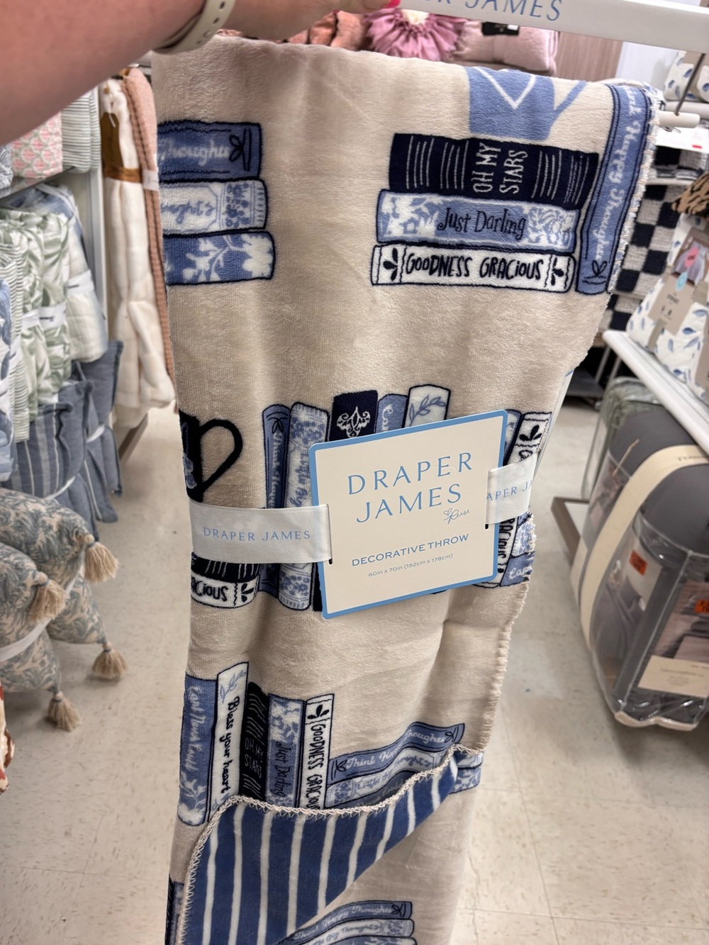 Viral Draper James Cream Throw with Navy & Light Blue Book Print